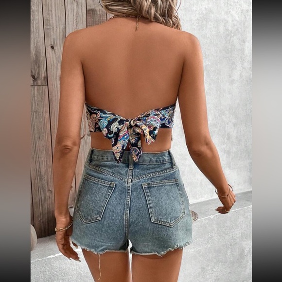 Boho floral print fringe hem tie back crop top - Picture 3 of 12